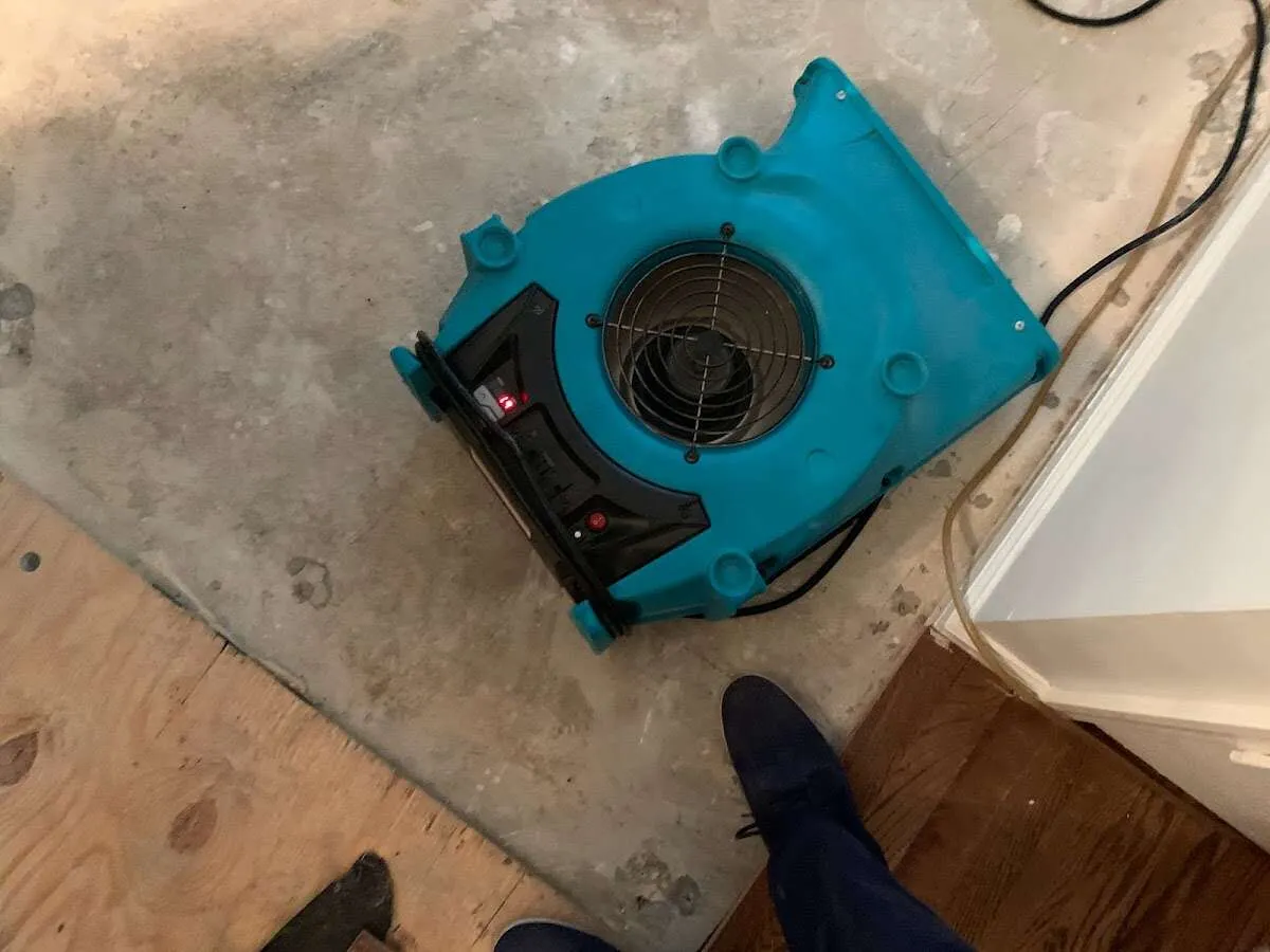 Air mover drying subfloor during Commercial Water Damage Restoration in Weisenberg
